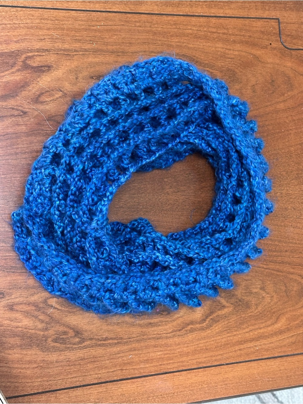 Chunky Blue Hand Knit Crochet Infinity Scarf Cowl 13” x 13”